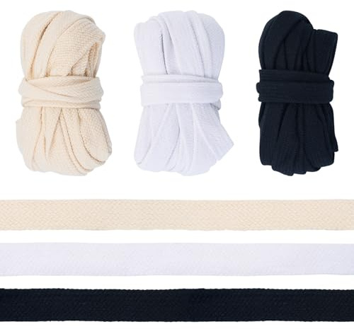 Crafans Cordon de serrage plat en coton de 15 m pour capuche, pantalon de jogging, pantalon de jogging et cordon de serrage - Beige/noir/blanc - 15 mm de large