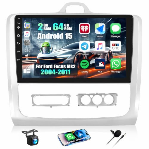 CAMECHO 2+64G Android 15 Navi Autoradio 9 Zoll für Ford Focus Mk2 2004-2011, GPS Bluetooth Radio mit Wireless Carplay Android Auto FM RDS WiFi EQ Mirror Link +Rückfahrkamera HD Touchscreen Display