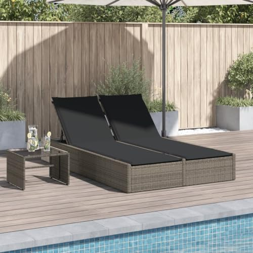 KPOUTRFG Doppel-Sonnenliege mit Kissen Grau, verstellbare Rückenlehne, Poly Rattan Doppelliege für Garten, dick gepolsterte Sitzkissen mit abnehmbarem Bezug, pulverbeschichteter