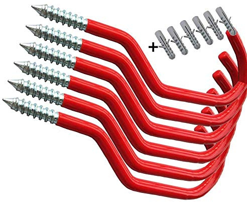 AIYoo Bike Hooks Heavy Duty Bicycle Storage Hooks Set of 6,Screw-in Utility Storage Hangers Shed Garage Garden Hook Plastic Coated for Wall Mount/Ceiling Red
