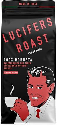 LUCIFERS ROAST 1kg granos de café por KIQO de Italia - espresso muy fuerte - baja acidez - para máquinas de café o portafilter - 100% Robusta (grano de café, 1kg)