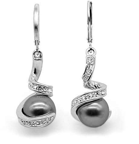 Mimei Boucles d'oreilles Pendantes, Perle de culture Grise, Argent plaqué Et Cristal, Longues Boucles d'oreilles Crochets, Cadeau Noël Anniversaire Mariage Pour Femme