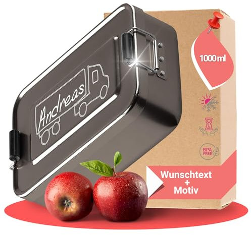 elasto – Personalisierte Brotdose mit Name aus Aluminium – BPA-freie Brotbox mit Gravur für Kindergarten, Schule & Ausflüge – Personalisierte Geschenke für Kinder (17x12x5 cm | Anthrazit LKW)