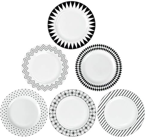 AnBnCn Service de table en porcelaine Noir/blanc 25,4 cm 6 assiettes