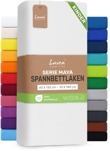 Lavea® Spannbettlaken Kinder 60x130cm - 70x140cm - Weiß | Maya, 100% Jersey Baumwolle – Weiches Spannbetttuch mit Rundumgummi, atmungsaktives Bettlaken für Matratzen bis 12 cm