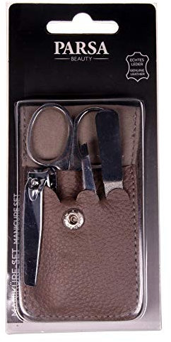 PARSA Beauty Maniküre-Set 4-teilig – edles Nagelpflege-Set im grauen Echtleder-Etui – Nagelschere, Feile & mehr für gepflegte Nägel – kompakt & ideal für Reise, Pediküre & Maniküre unterwegs