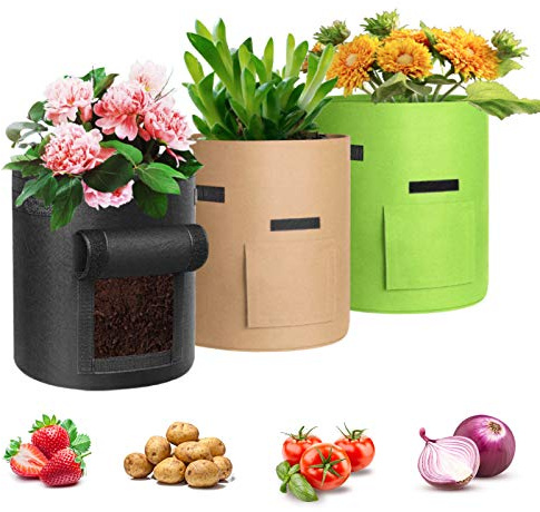 3 Pack Potato Grow Bags - Gardening Plant Growing Bags - Tomato, Carrot Vegetable Planter Container with Window, Felt Plant Growing Bags with Handles Garden Grow Bags(Black+Green+ Brown), 10 Gallon