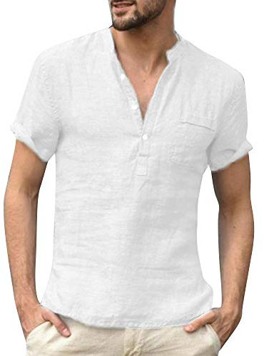 Men's Linen T-Shirt Pure Cotton Buttoned Short Sleeve Shirt White XXL