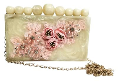 Beige Farbe Perlmutt MOP Geldbörse Acryl Clutch Abend Handtaschen Crossbody Taschen für Frauen mit rosa Blumenmuster Brauttasche mit Schwanenhaken und eingebettetem Steinwerk, beige, Medium