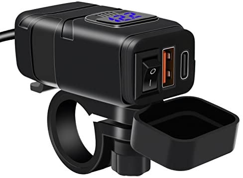 Beedove Motorcycle USB Charger, Type-C + USB Port, QC3.0 Quick Charge 12v USB Socket with Voltmeter Display and Switch, Waterproof Motorbike Phone Charger for Car/Boat/Camper/Van/Caravan