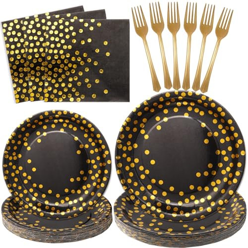 SCIONE Black and Gold Party Supplies 96PCS Golden Dot Party Dinnerware Includes Paper Plates, Napkins, Forks for Graduation, Christmas, Birthday, Cocktail, Serves 24