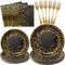 SCIONE Black and Gold Party Supplies 96PCS Golden Dot Party Dinnerware Includes Paper Plates, Napkins, Forks for Graduation, Christmas, Birthday, Cocktail, Serves 24