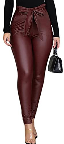 Onsoyours Leggings en Similicuir Pantalon PU Court Collant Cuir Leggings Femme Sexy Taille Haute Push Up Crayon Jeans Basique Slim 06 Vin Rouge 3XL
