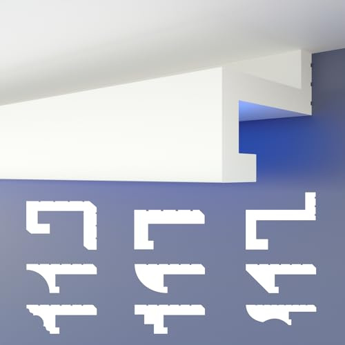 HEXIMO LED-Schattenfugenprofil Stuckleisten, indirekte Beleuchtung XPS-Styropor-Trockenbau-Deckenleisten für Wand-Deckenverkleidung (20,4 Meter HLED 8)