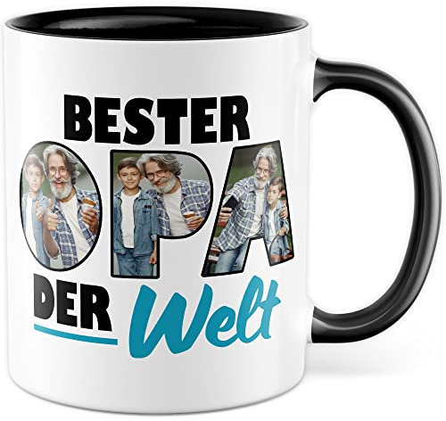 Opa Tasse personalisierbar mit Bild, Bester Opa der Welt, Geschenk personalisiert Großvater Spruch Enkelkinder schöner Spruch Geschenkidee Kaffeetasse Enkel (Weiß/Schwarz)