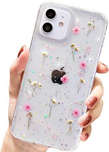 AMART for iPhone 12/iPhone 12 Pro Case Flowers,Clear Pressed Real Dried Flower Cute Design Case Transparent Women Girls Floral Soft Slim TPU Phone Cover for iPhone 12/12 Pro(6.1”)(Pink Gypsophila)
