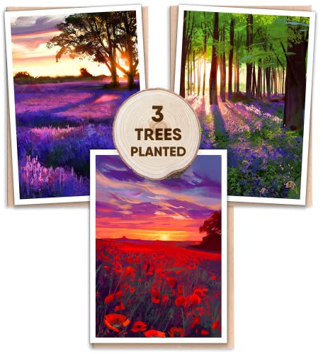 3 Pack of Eco Friendly Cards with Trees Planted & Seed Cards Inside | Blank for Thank You, Birthday etc | Bluebells, Lavender & Poppies | Recycled & Plastic Free (British Landscapes)