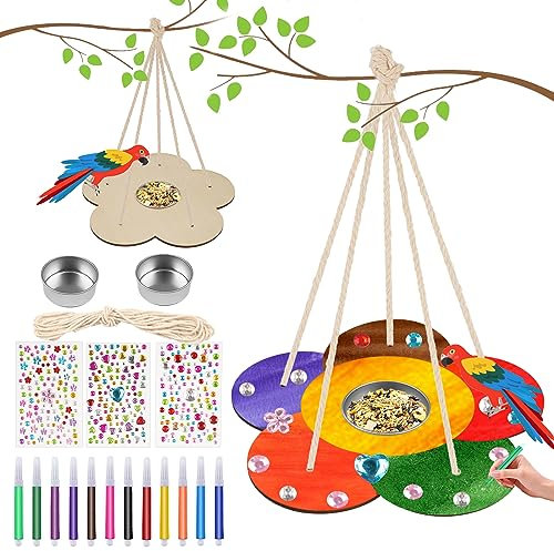 Tikplus DIY Holz Vogelfutterspender,2 Stück Vogelhaus mit Aquarellstift, Edelsteinaufkleber, Basteln Kindergeburtstag Wooden Arts Hängend Vogel Haus Set für Jungen Mädchen Outdoor Spielzeug
