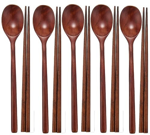 Ksrnsne 5 Pairs Chopsticks and 5 Spoons Set Reusable Wooden Korean Dinnerware Combinations Long Handle Tableware Set for Home, Kitchen, Restaurant