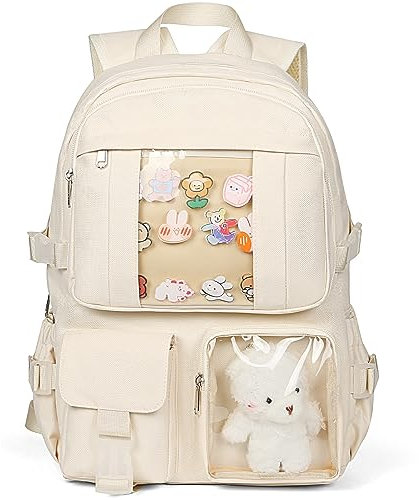 cotmcor Kawaii Rucksack für Mädchen, niedlicher ästhetischer Rucksack für die Schule, Kawaii Büchertasche mit Pins Zubehör und Anhänger, Beige, M