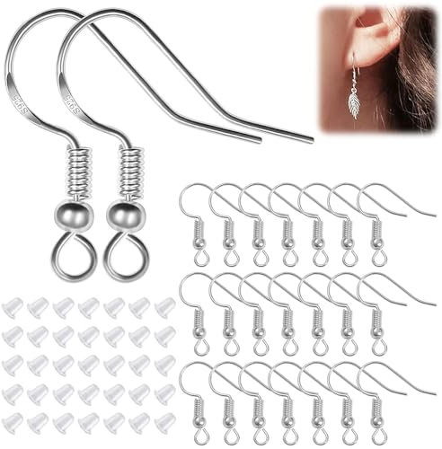 Ohrringhaken Machen Set, 100 Stück Haken Ohrhaken S925 Sterling Silber Ohrhaken Hypoallergene Ohrhaken und 100 Stück Durchsichtigen Ohrring Sicherheitsrücken, für Schmuckherstellung