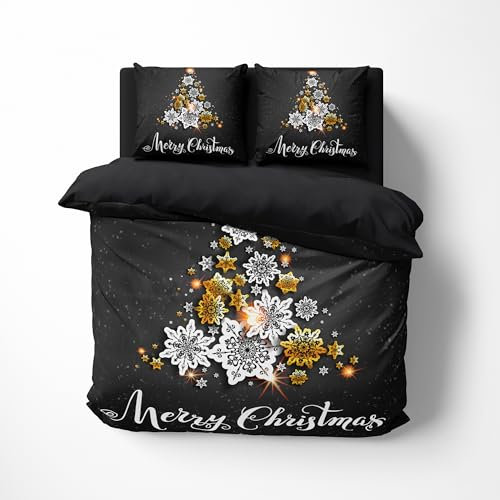 FEBE 3D Bettwäsche Schneeflocken Weihnachtsbaum Weihnachten Bettbezug-Set 135x200 + Kissenbezug 80x80 cm Wendebettwäsche 2 Teilig mit Reißverschluss Mikrofaser Winterbettwäsche Duvet Cover