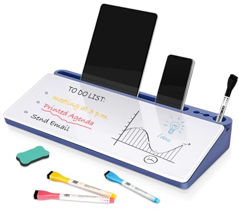 DOLLAR BOSS Glass Desk Whiteboard Small Dry Erase Board Desktop White Board with Storage Drawer Computer Keyboard Stand Desk Organizer Office Accessories School Supplies with 4 Markers 1 Eraser, Blue