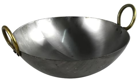 RDK Heavy Duty Natural Iron Karahi Kadai Kadhai Iron Wok Balti Dish Deep Frying with Handles Round Base (6 Inches)