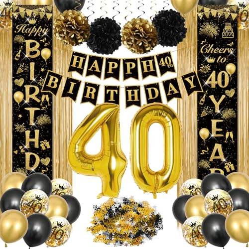 Geburtstagsdeko 40 Frauen Männer, Luftballons Schwarz Gold Deko, 40 Geburtstag Deko, 40th Luftballons Happy Birthday Girlande, Nummer 40 Folienballons,Lametta Vorhang, Konfetti Luftballons
