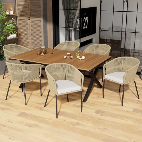 ZYLOYAL10 Salon de jardin 7 pièces en corde, 6 fauteuils et 1 table, table en bois d'acacia, avec coussins de pieds et six coussins d'assise, amovibles et lavables