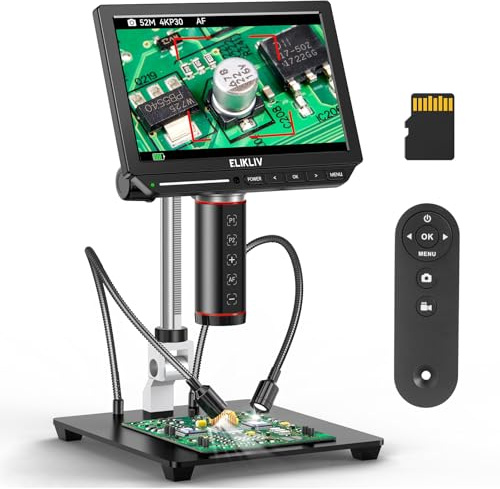 Elikliv Autofocus 4K Digital Microscope EM4K-AF, 52MP Soldering Microscope for PCB Repair, Coin Inspection & Watchmaking, 2000X Magnifier Scope, 8 IPS Screen, HDMI/USB Output, 10 Stand, 16GB Card