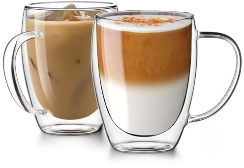 CMXING Set of 2 Double Walled Glass Coffee Mugs 350ml, Clear Insulated Glass Coffee Mugs with Handles, Hand Blown, Heat Resistant