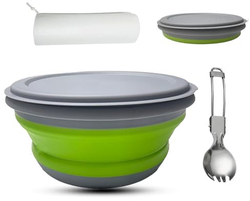 RMAMSCOV Collapsible Camping Bowl with Lid,1 Pack Silicone Salad Bowl Serving, Microwave Foldable Soup Ramen Serving for Travel, Picnic, Rv(Green)