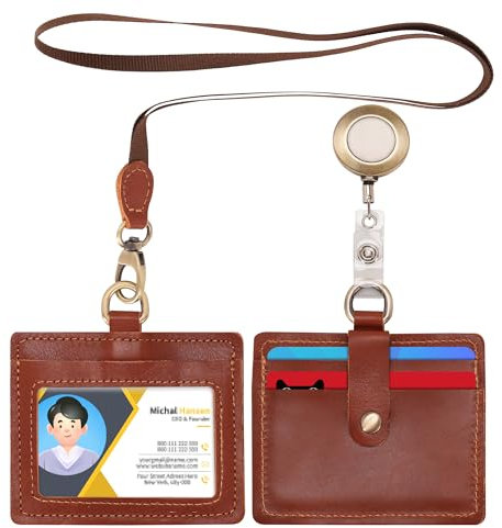 Wonderpool Porte Badge horizontal cuir avec cordon tour de cou amovible et clip rétractable badge, emplacements cartes porte-carte pour badges carte et permis de conduire (Brun rouge)
