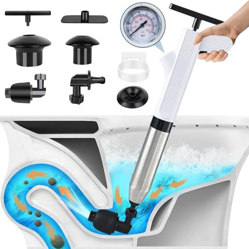 Aolawco Toilet Plunger, Upgraded Toilet Unblocker with Real Time Barometer and 4 Replaceable Heads, Powerful Sink Unblocker High Pressure Plunger Kit with Holder for Bathtub, Drain, Kitchen Clogged
