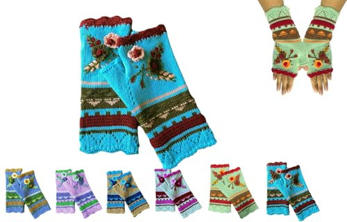 Handgestickte Armstulpen Damen Winter Fingerlose Handschuhe Blumen Stickerei Stulpen Damen Hände Handstulpen Pulswärmer Handschuhe Strick Winterhandschuhe Gestrickte Fingerlose Fäustlinge (02)