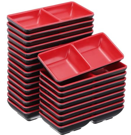 sourcing map 24 ciotole quadrate MF, piccole ciotole nere e rosse, con 2 scomparti divisi, piatti di soia per condimenti dessert, casa, barbecue, feste, picnic, ristorante