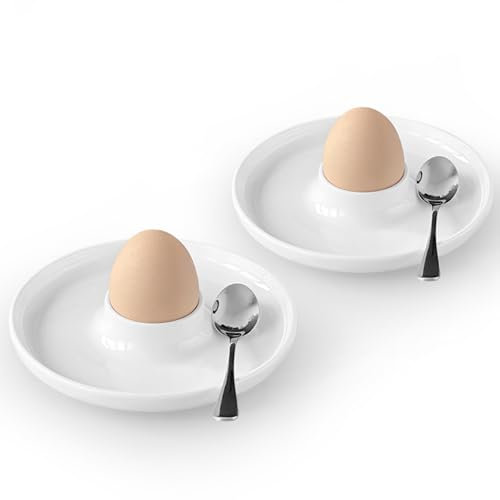 Cinf Egg Holder Spoon Set 2 Ceramic Egg Holder + 2 Stainless Steel Spoons Ideal for Any Breakfast Table for Hard Boiled and Soft Boiled 5.5 Inch Egg Holder & Spoon Set 2 Ceramic Egg Holders + 2 SS