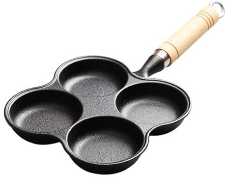 Tissting Egg Frying Pan, 4 Holes Pancake Pan Nonstick Cast Iron Egg Pan with Wooden Handle, Mini Omelet Breakfast Skillet for Gas Stove and Induction Cooktop 28cm/11in