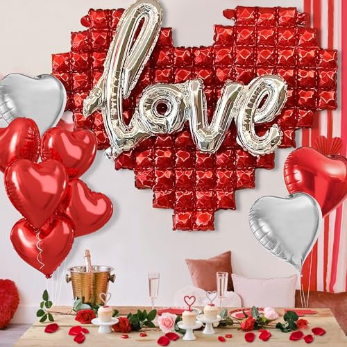 Syoulin-valentinstag deko,XXL LOVE Ballons und XXL Großer Herz Aluminium Plastikballon，Rosenblätter，heiratsantrag deko,Romantische Dekoration zum Valentinstag, Verlobung, Jahrestag