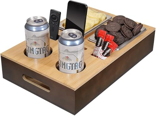 CHANGMAI Couchbar Snackbox aus Bambus Mit 2 Snackschalen aus Edelstahl, 2 Getränkehalter Holz Sofatablett für Sofa Deko, Magnetischer Deckel, Handyhalterung Couch Bar, Couch Tablett