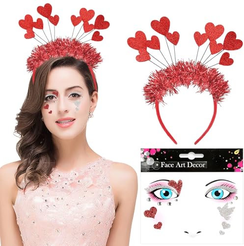 TAXTYHRE Herz Stirnband, Herz Haarreif Rot, Herzen Face Sticker, Valentinstag Hair Hoop, für Karneval Fasching Hochzeit Valentinstag Foto Requisiten Kostüm Party