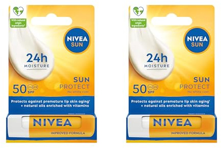 Bundle of NIVEA SUN Protect Caring Lip Balm SPF 50 (2 x 4.8g), Factor 50 Balm with Shea Butter, Protection Against UVA/UVB Rays with 24H Moisture, Lip Care, No White Cast