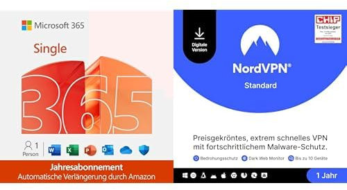 Microsoft 365 Single │ 1 Jahr | 1 Person │ Office Apps mit KI | 1 TB Cloudspeicher | verlängert für 99€ + NordVPN Standard | 1 Jahr | 10 Geräte | VPN & Cyberschutz | Digitalcode