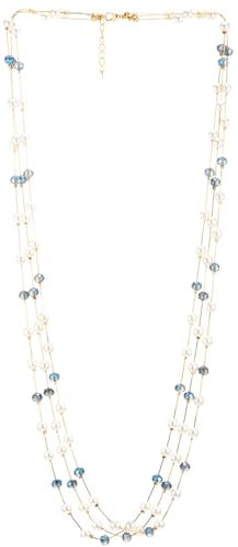 COOLSTEELANDBEYOND Femme Long Perlé Collier, Bleu Cristal et Blanc Perle, Statement Déclaration Collier Trois Brins Or Chaîne