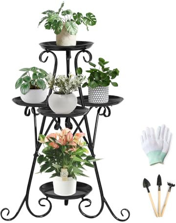 MAIJIAJU 3 Etagen 5 Topf Pflanzenständer Metall Blumenständer, 71cm Schwarz Pflanzenregal Blumenregal für Mehrere Pflanzen Modernes Dekoration Pflanzentreppe Blumentreppe für Innen Außen Balkon Garten