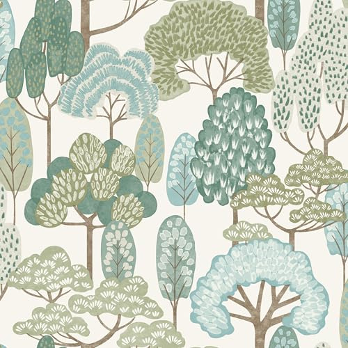 Grandeco Happy Trees Brushstroke Nursery Textured Wallpaper, Teal Green