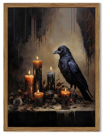 Gerahmte Vintage-Wandkunst, Halloween, schwarzer Rabe, Gothic, dunkle Akademie, Krähenbilder, Wanddekoration, gruselige, stimmungsvolle Gemälde, Drucke für Wohnzimmer, Schlafzimmer, Badezimmer
