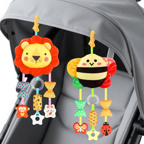 MokukuToys Bébé Jouets pour 0 3 6 9 12 Mois,Peluche Animal Sensoriel Suspension Hochet,Nouveau-né Interactif Jouets Doux,Siège Auto Poussette Jouets Cadeau pour Nourrisson Garçon Fille(2pcs)