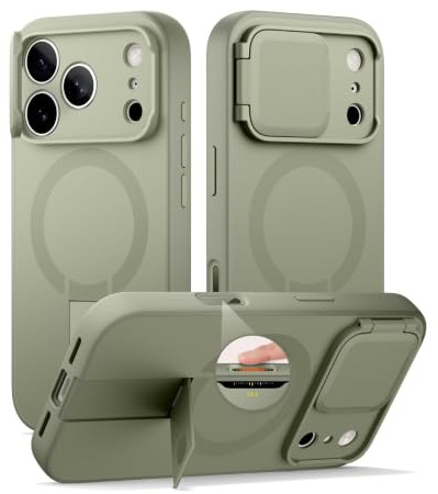 SURITCH Coque Magnétique Compatible avec iPhone 17 Pro, Coque de Protection avec Couvercle pour Appareil Photo et Support réglable(Vert)